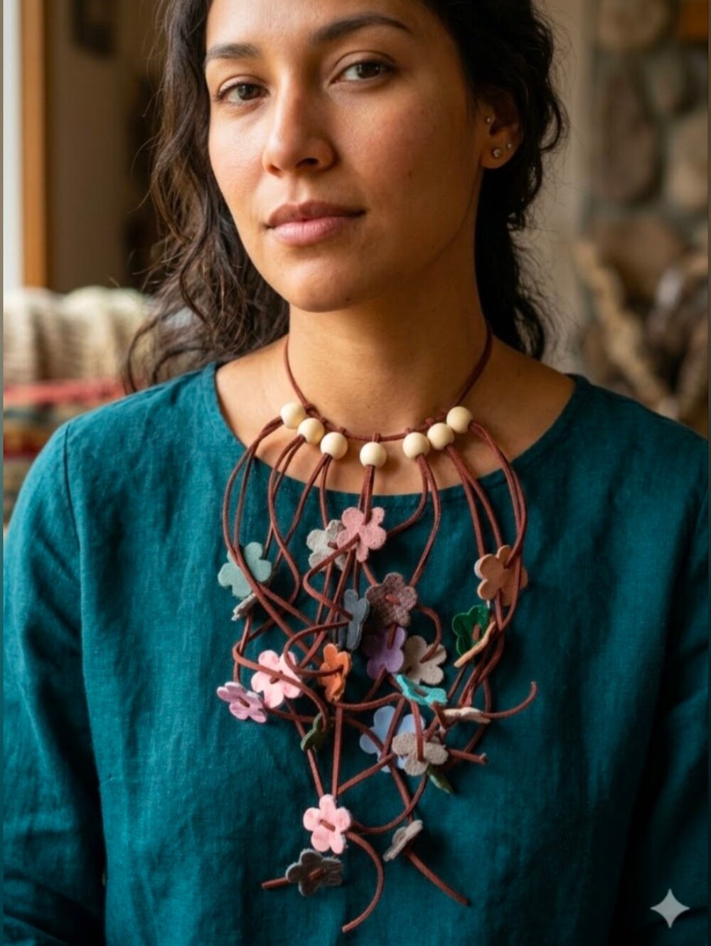 Handmade Multi-Color Dripping Flower Genuine Leather Suede Fringe Cord Necklace